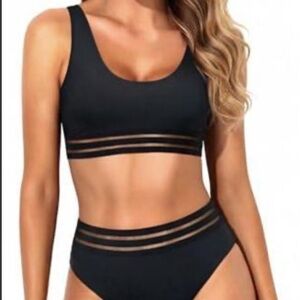 Black High-Waist Two-Piece Bikini with Sheer Stripe Detail